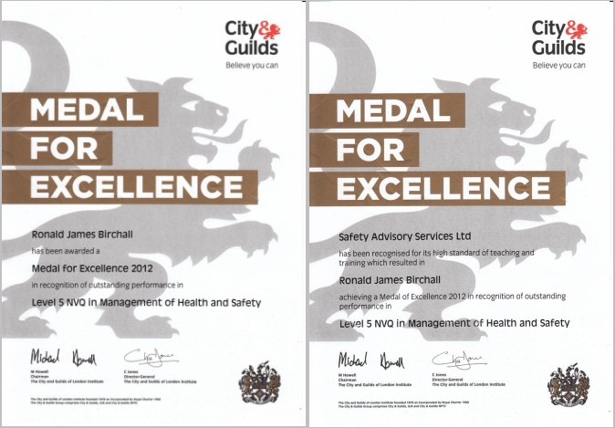Ron Birchall City and Guilds Lion Awards 2012 Certificates